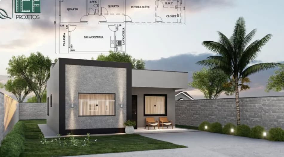 Render do Kit Casa 2, casa de 62,5 m² construída em sistema ICF