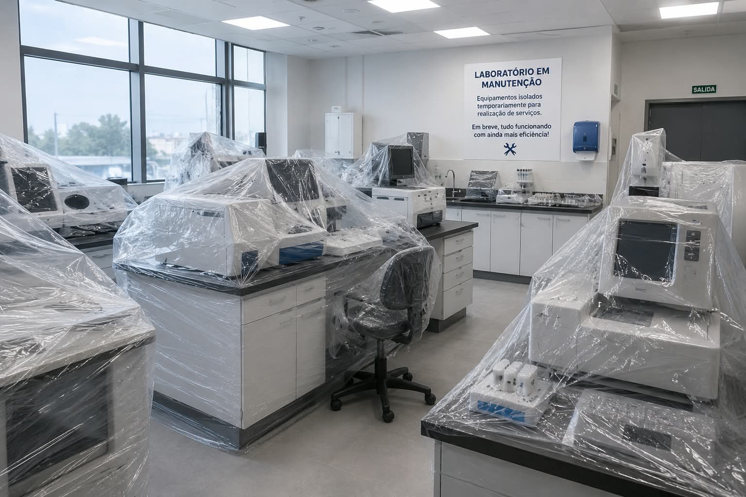 Detalhe de laboratório com bancada e equipamentos